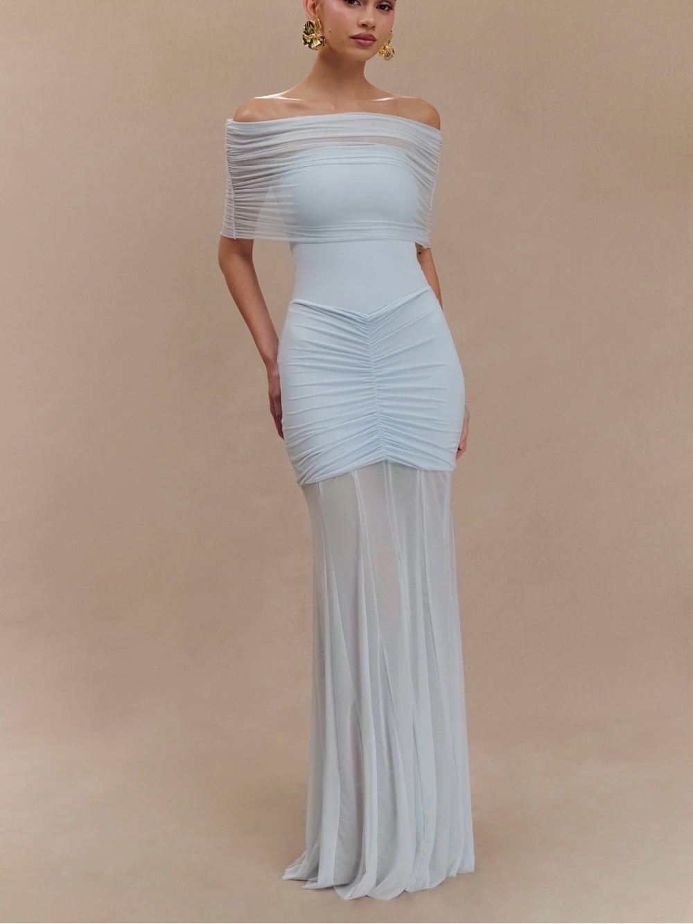 Caspian Slinky Mesh Off Shoulder Maxi Dress - Pale Blue